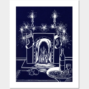 Cosy Festive Fireplace Linocut Posters and Art